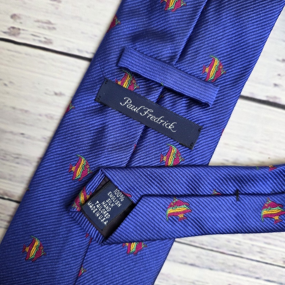 Paul Frederick 100% English Silk Tie Blue With Colorful Fish AOP 3.5x62 USA Made
